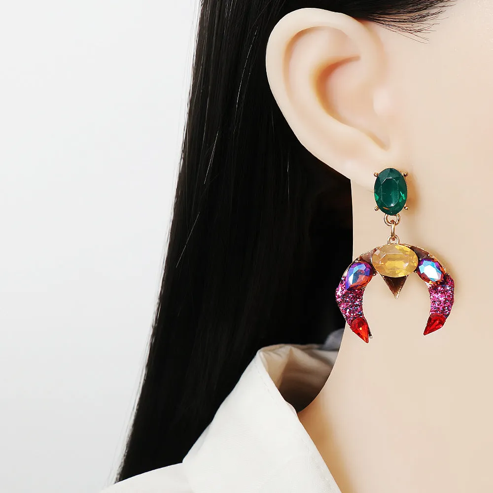 Green & Pink Crystal 18K Gold-Plated Moon Drop Earrings