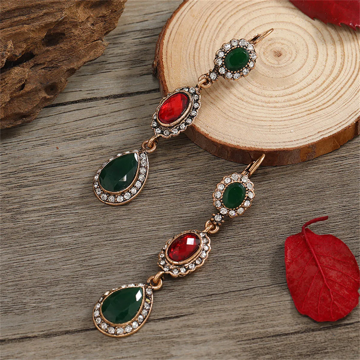 Green & Red Crystal & Cubic Zirconia Drop Earrings