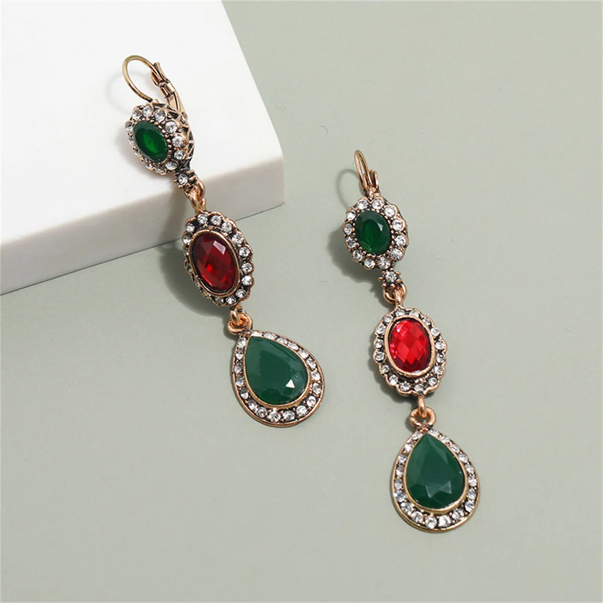 Green & Red Crystal & Cubic Zirconia Drop Earrings