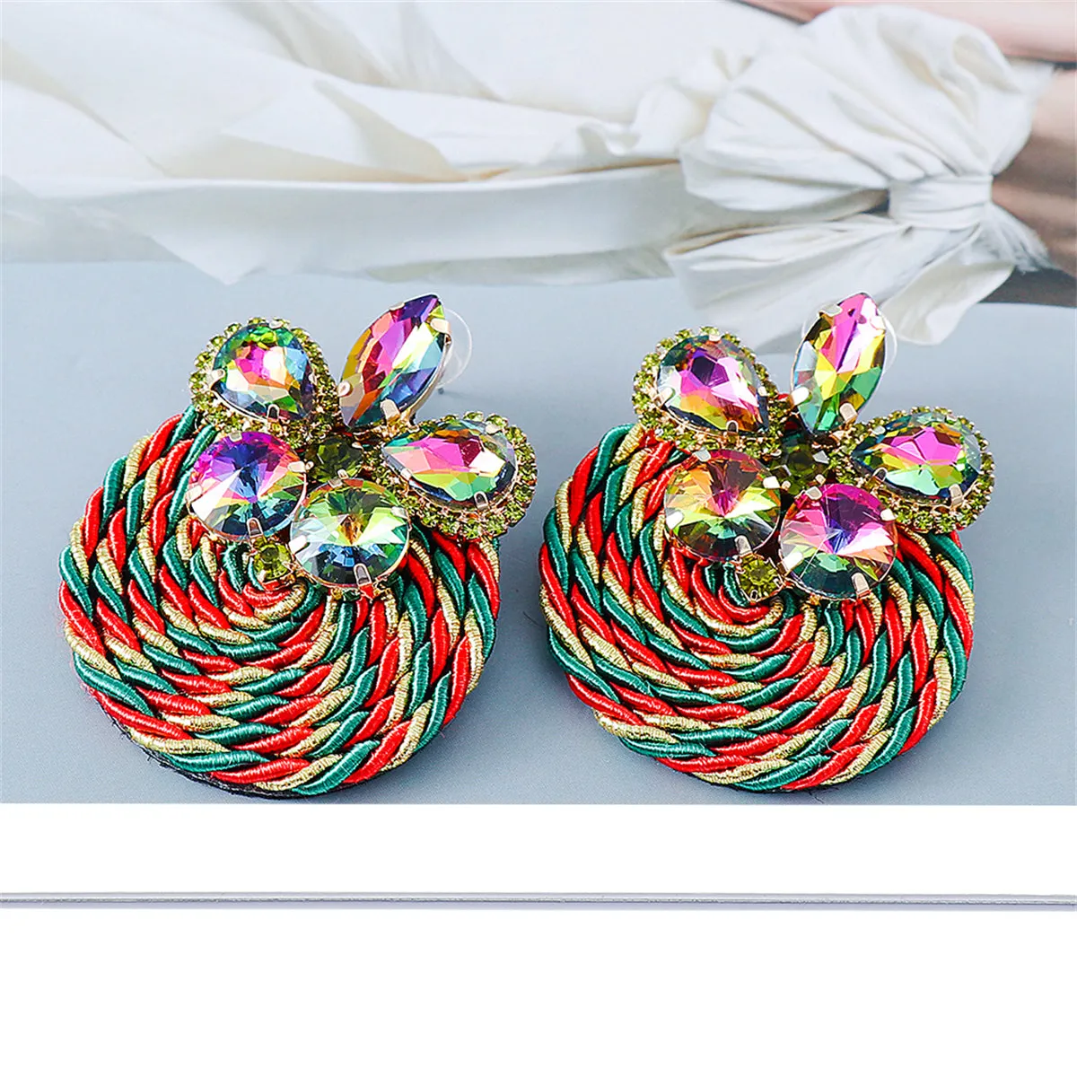 Green & Red Crystal Butterfly Round Rope Drop Earrings