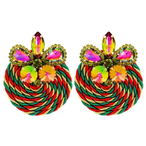 Green & Red Crystal Butterfly Round Rope Drop Earrings