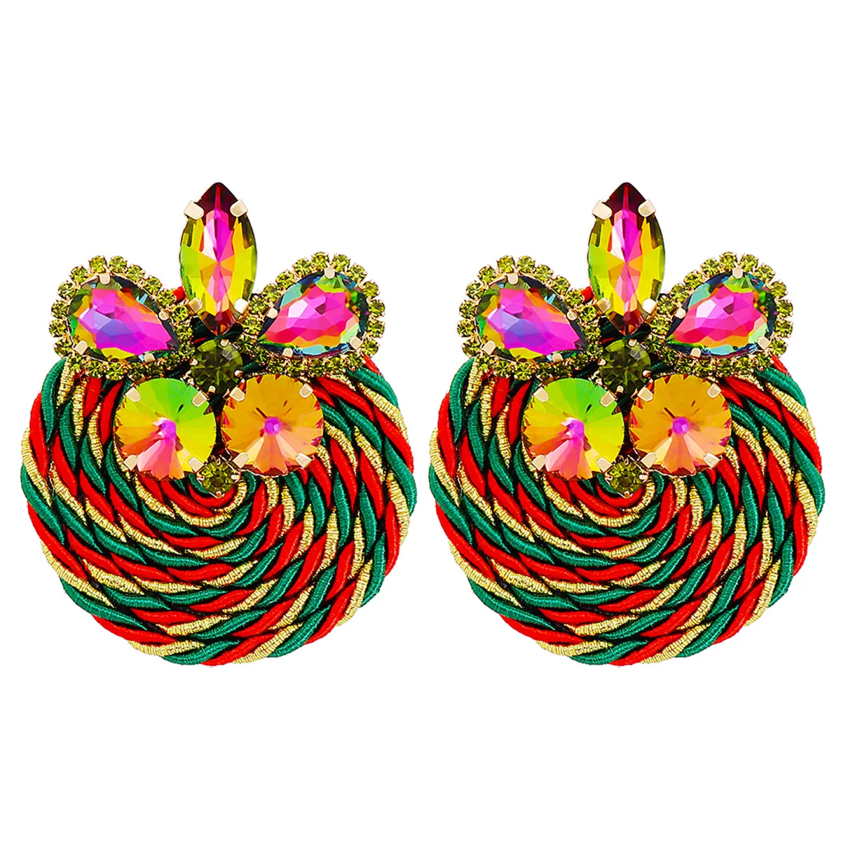 Green & Red Crystal Butterfly Round Rope Drop Earrings