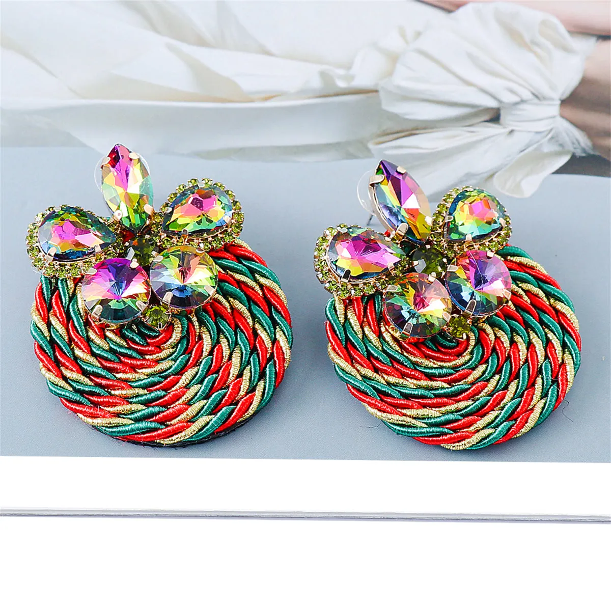 Green & Red Crystal Butterfly Round Rope Drop Earrings