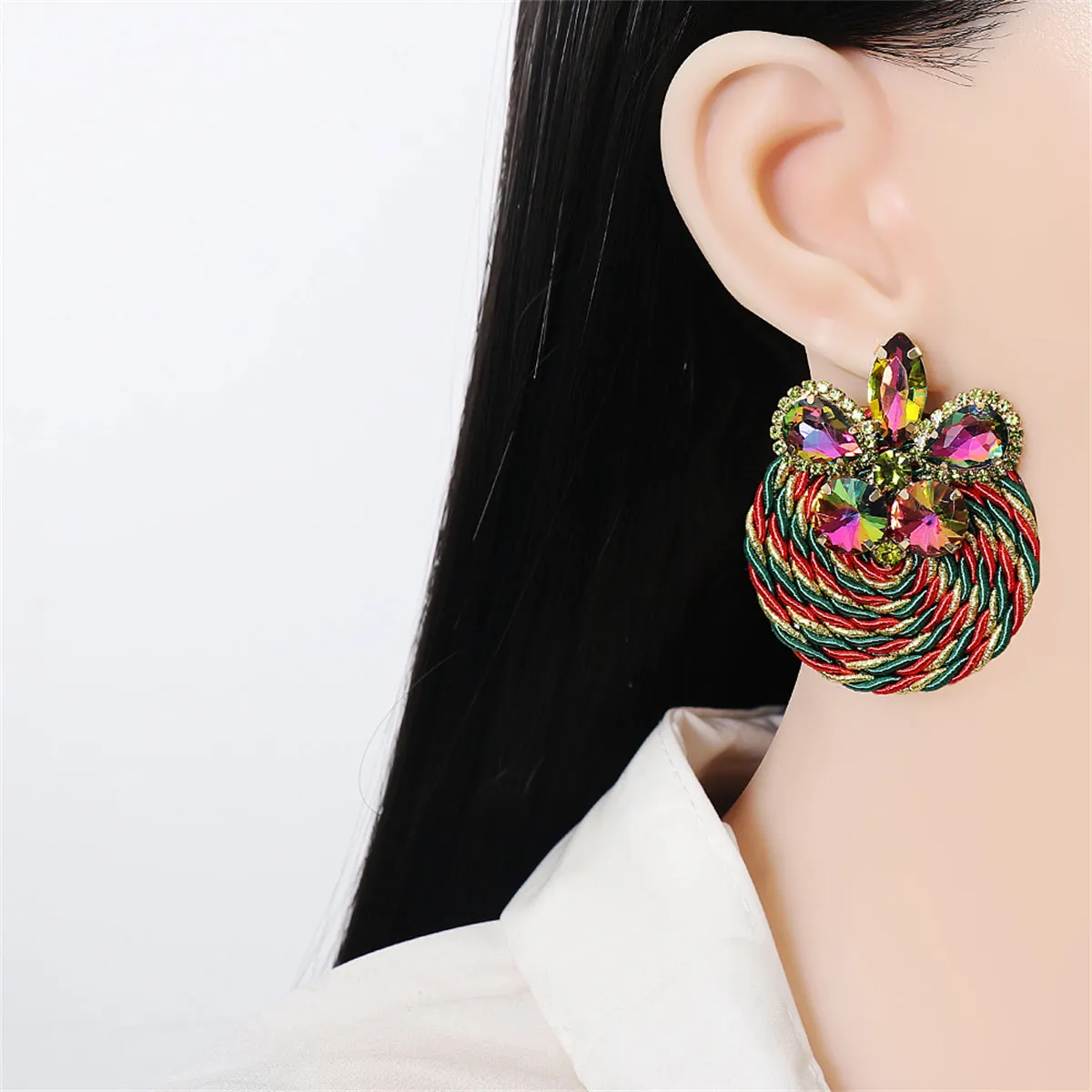 Green & Red Crystal Butterfly Round Rope Drop Earrings