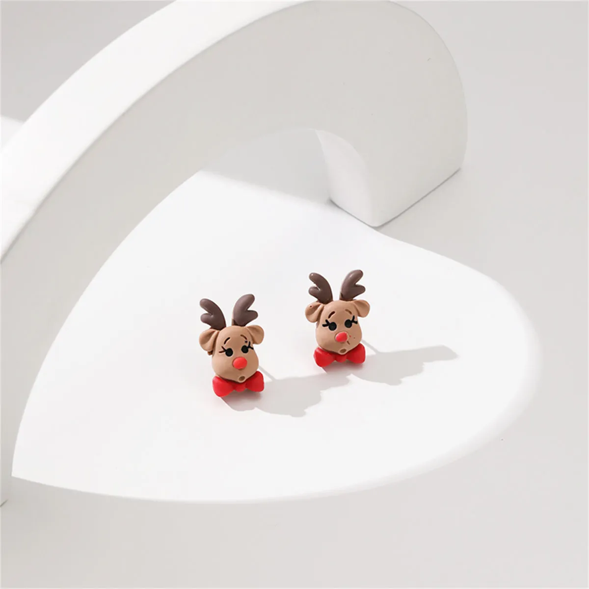 Green & Red Resin Silver-Plated Reindeer Bow Stud Earrings