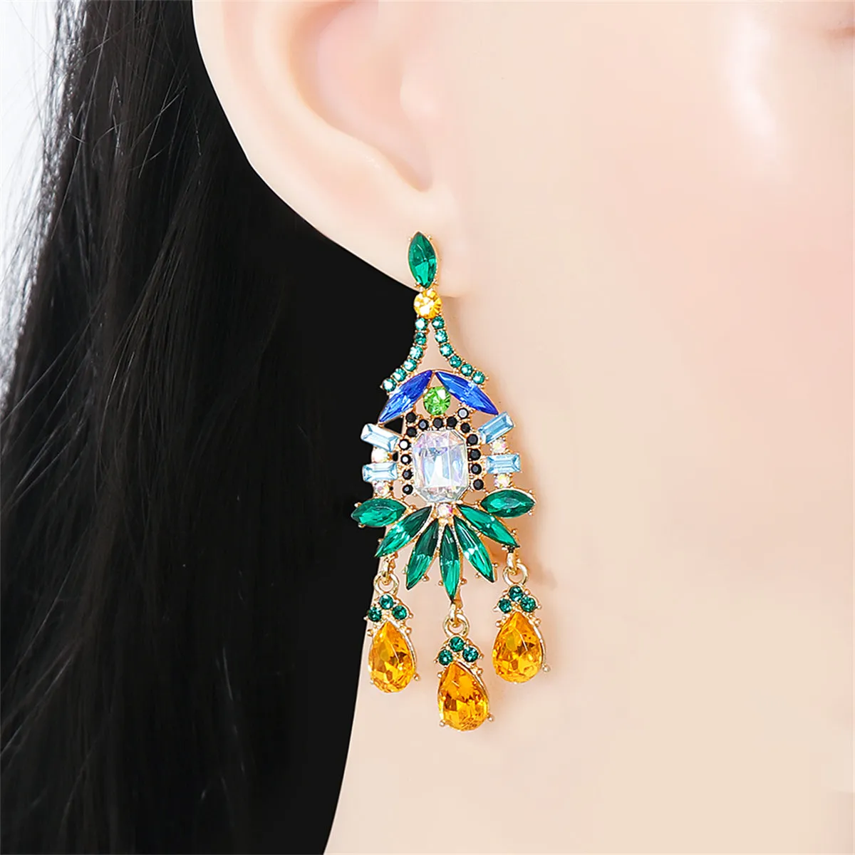 Green & Yellow Crystal Cubic Zirconia Chandelier Drop Earrings
