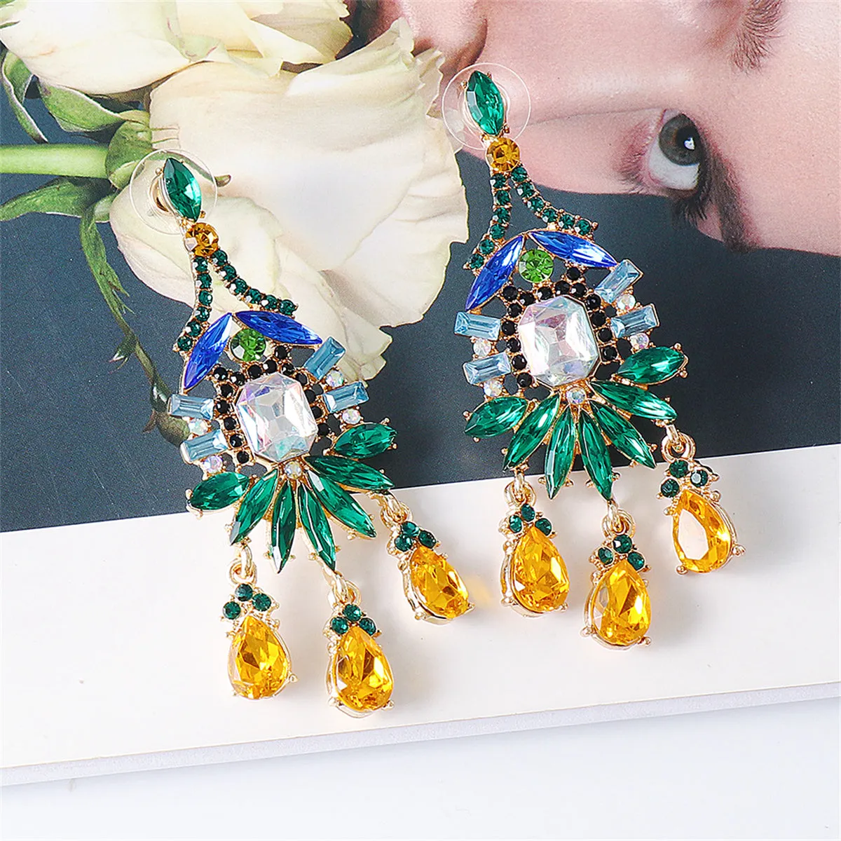 Green & Yellow Crystal Cubic Zirconia Chandelier Drop Earrings
