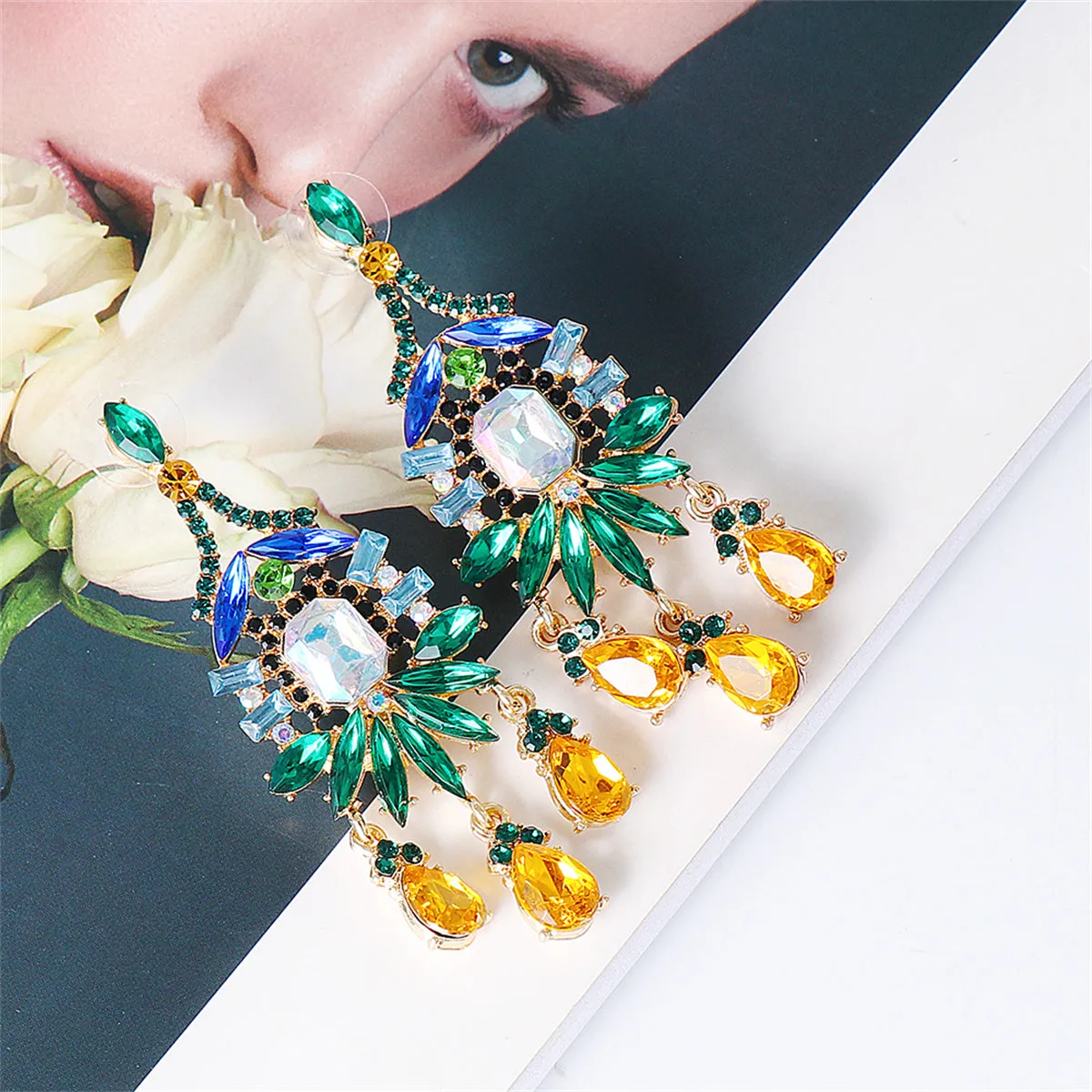 Green & Yellow Crystal Cubic Zirconia Chandelier Drop Earrings