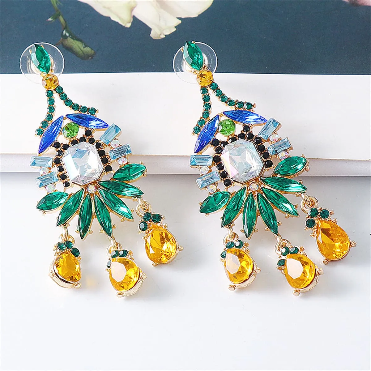 Green & Yellow Crystal Cubic Zirconia Chandelier Drop Earrings