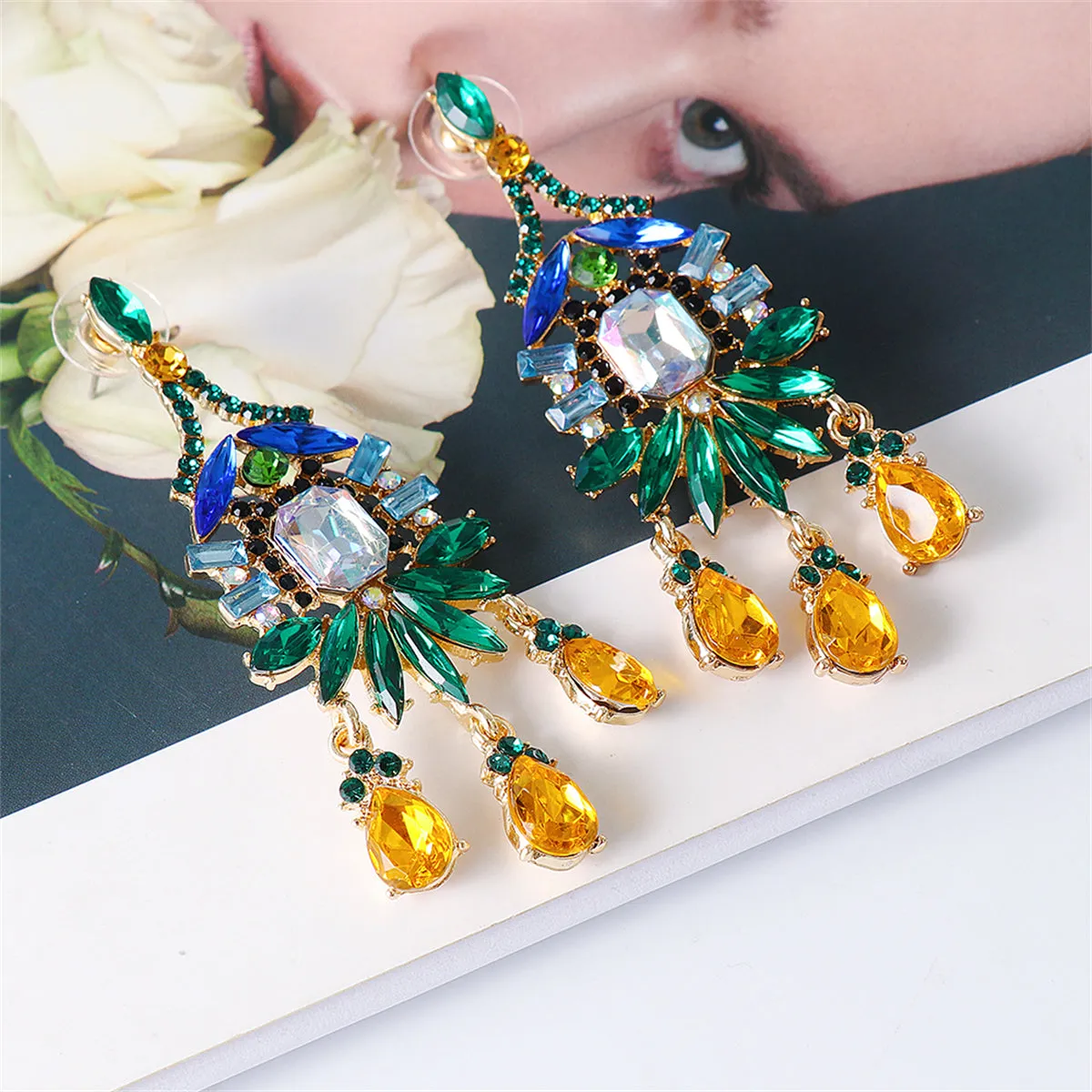 Green & Yellow Crystal Cubic Zirconia Chandelier Drop Earrings