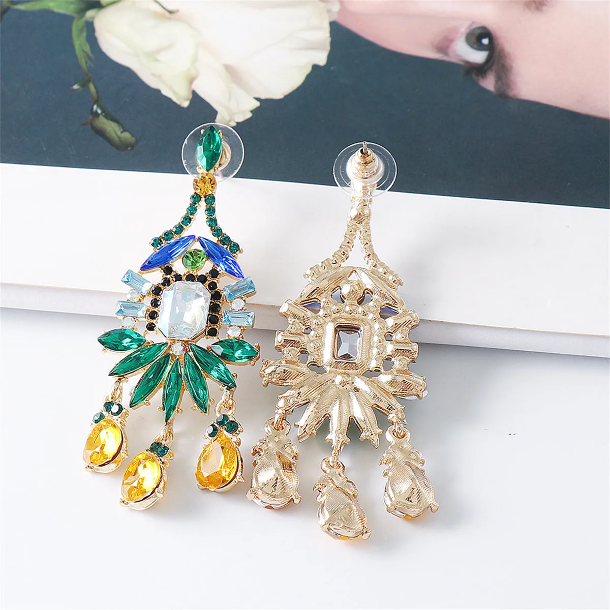 Green & Yellow Crystal Cubic Zirconia Chandelier Drop Earrings