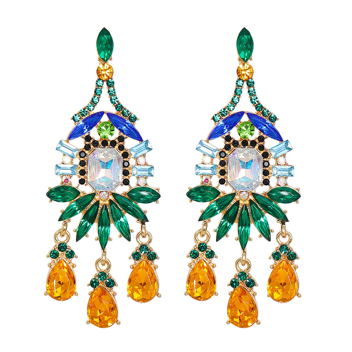 Green & Yellow Crystal Cubic Zirconia Chandelier Drop Earrings