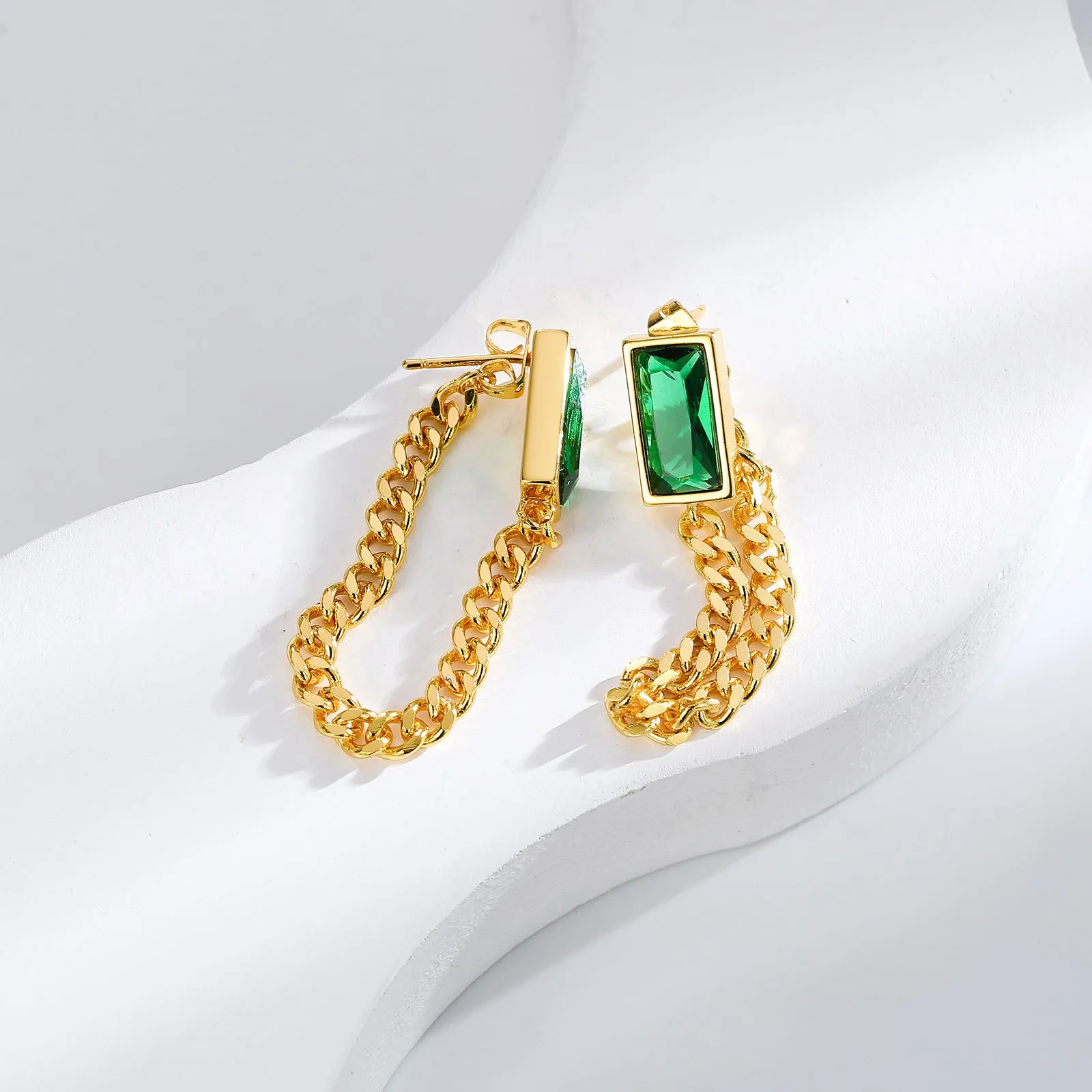 Green Crystal & 18K Gold-Plated Chain Ear Jackets