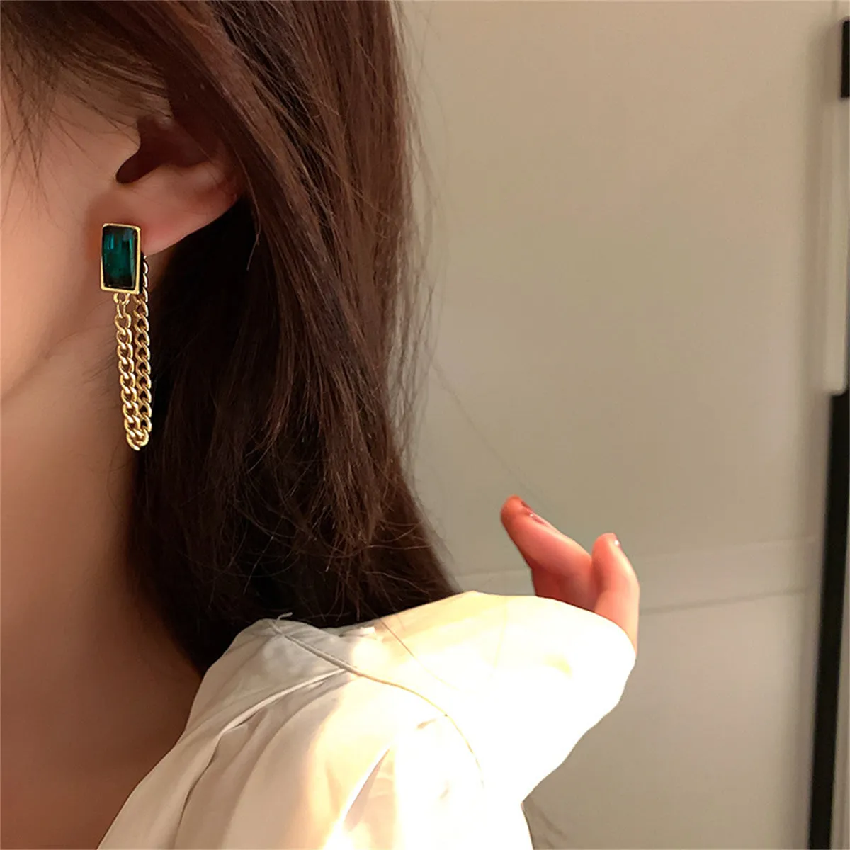 Green Crystal & 18K Gold-Plated Chain Ear Jackets