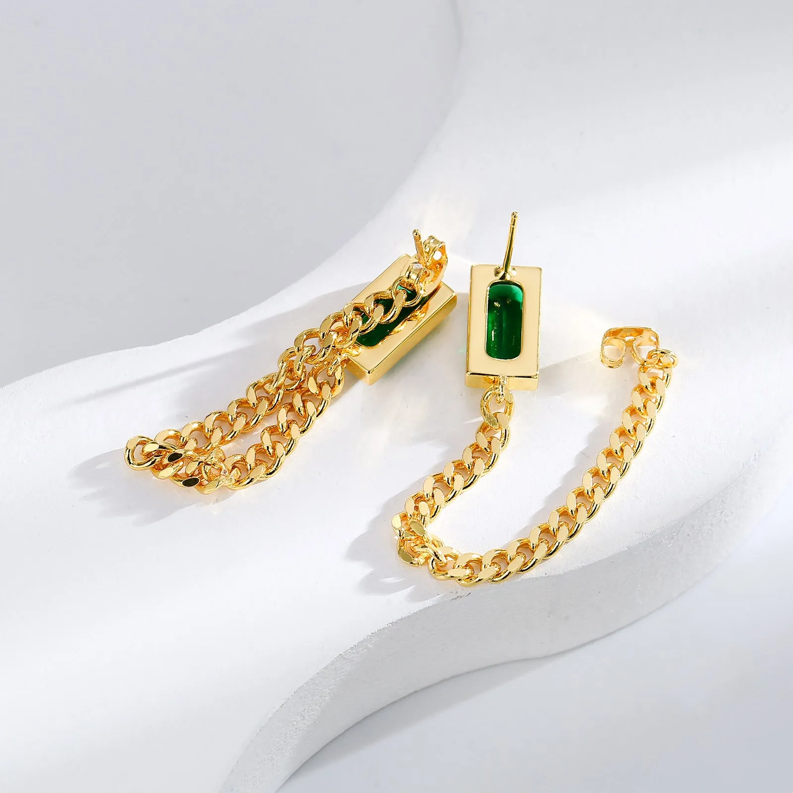 Green Crystal & 18K Gold-Plated Chain Ear Jackets