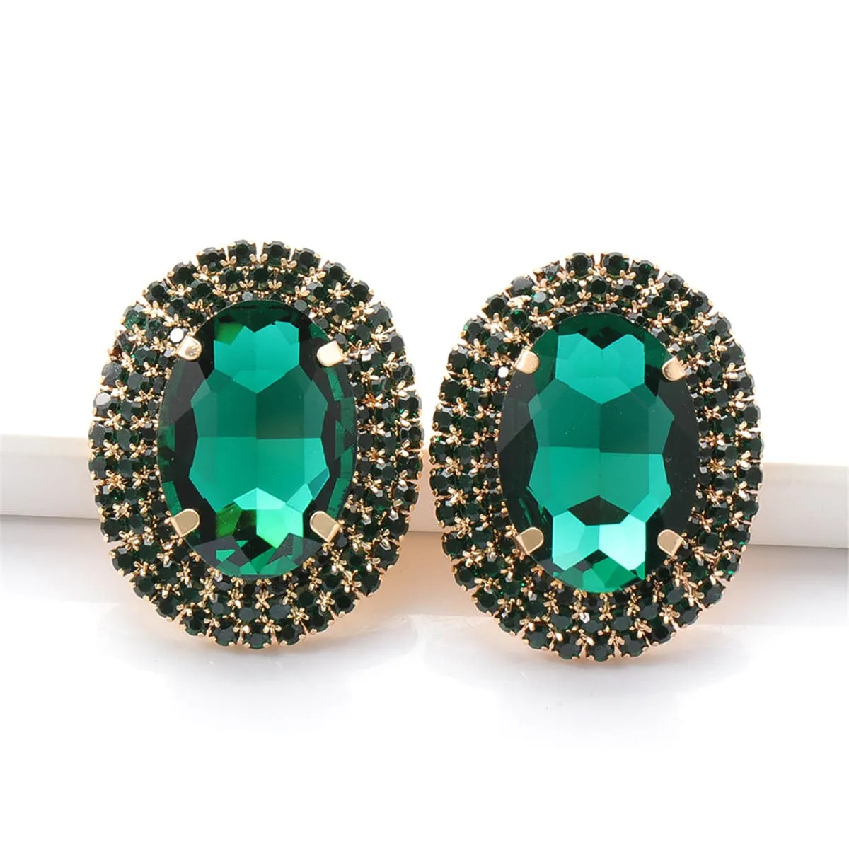 Green Crystal & Cubic Zirconia Oval Halo Stud Earrings