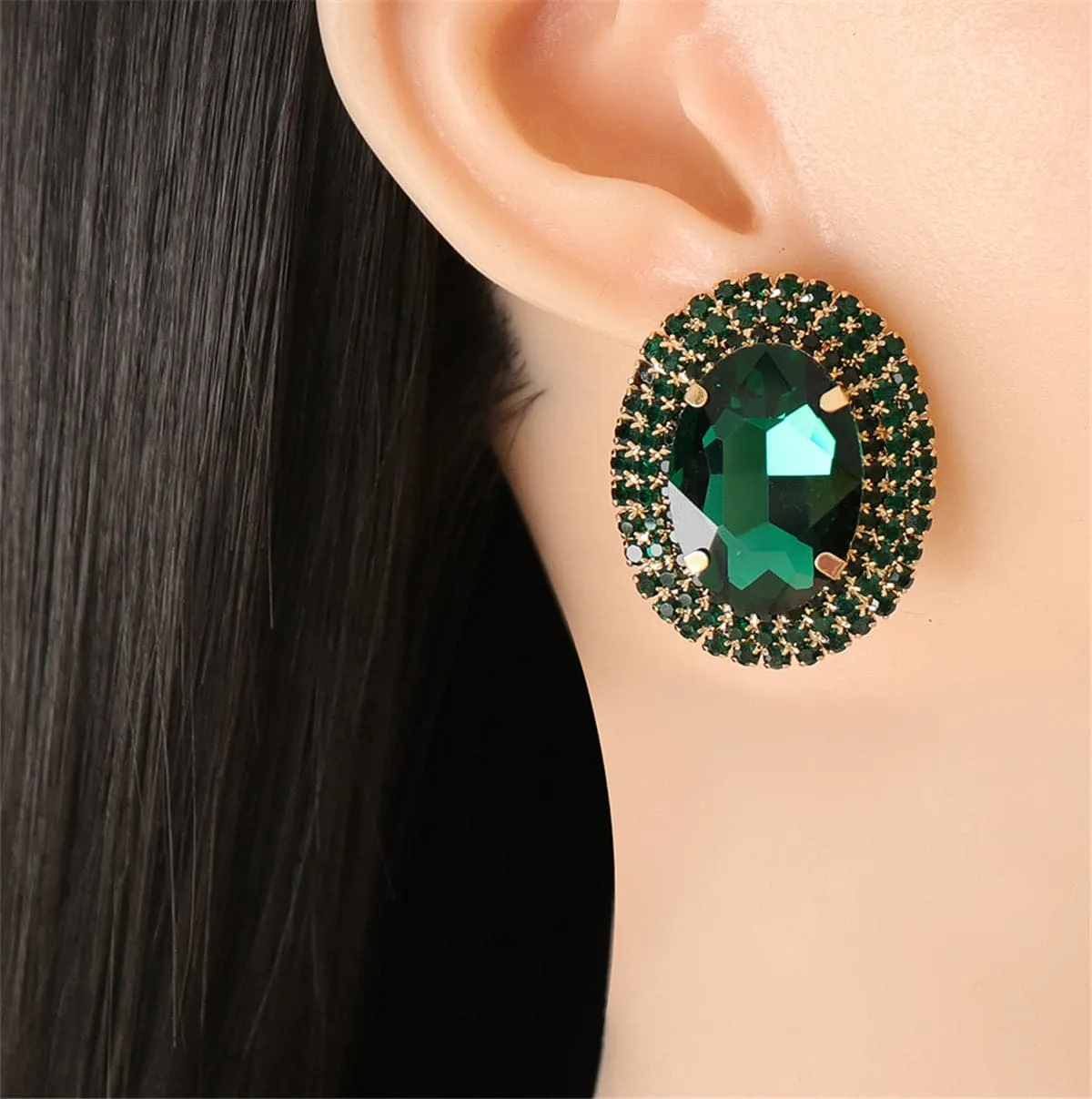 Green Crystal & Cubic Zirconia Oval Halo Stud Earrings