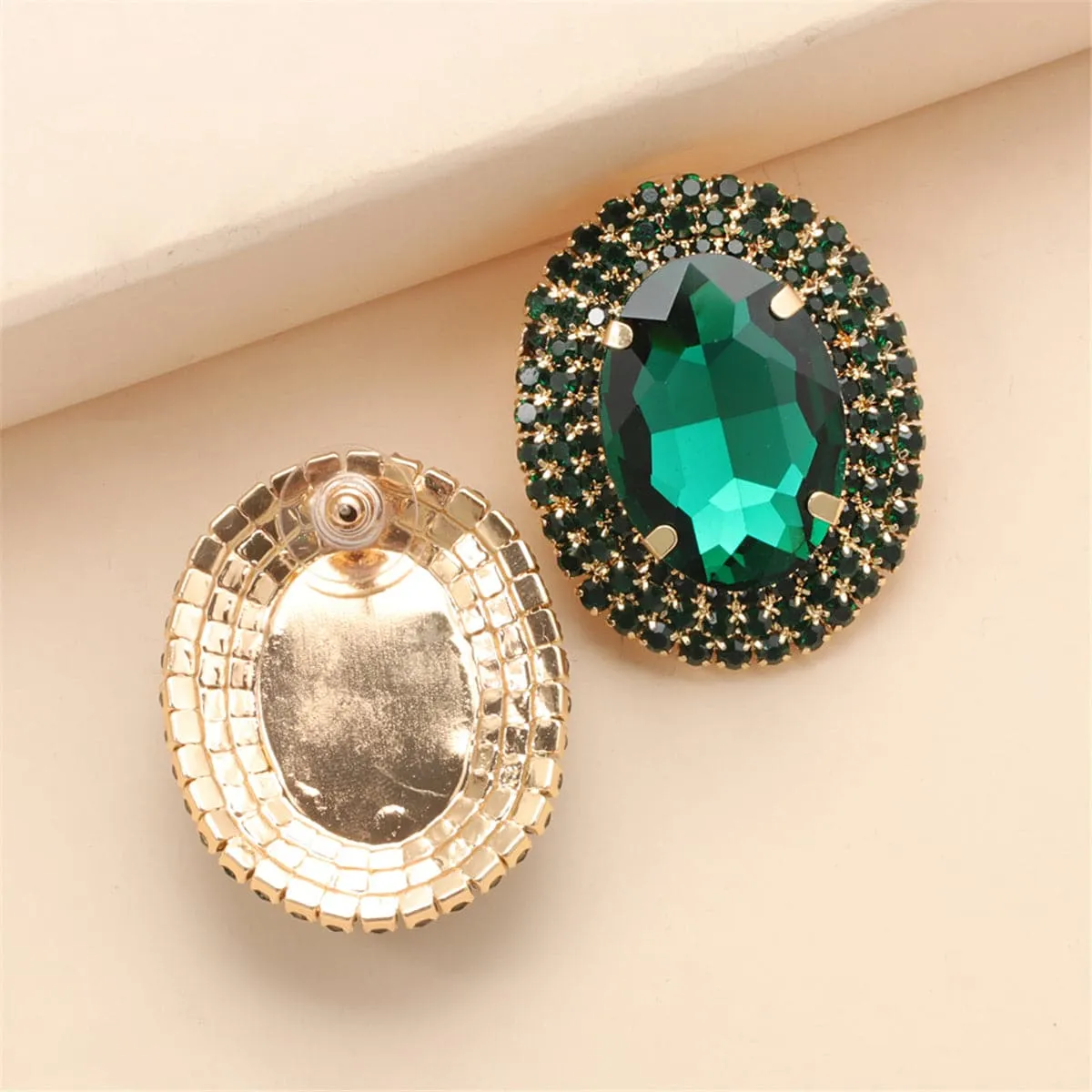 Green Crystal & Cubic Zirconia Oval Halo Stud Earrings