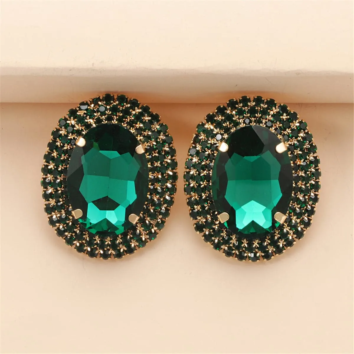 Green Crystal & Cubic Zirconia Oval Halo Stud Earrings
