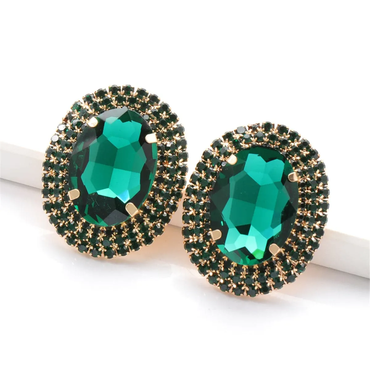 Green Crystal & Cubic Zirconia Oval Halo Stud Earrings