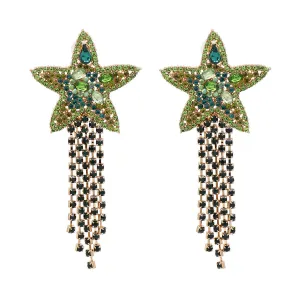 Green Crystal & Cubic Zirconia Star Fringe Drop Earrings