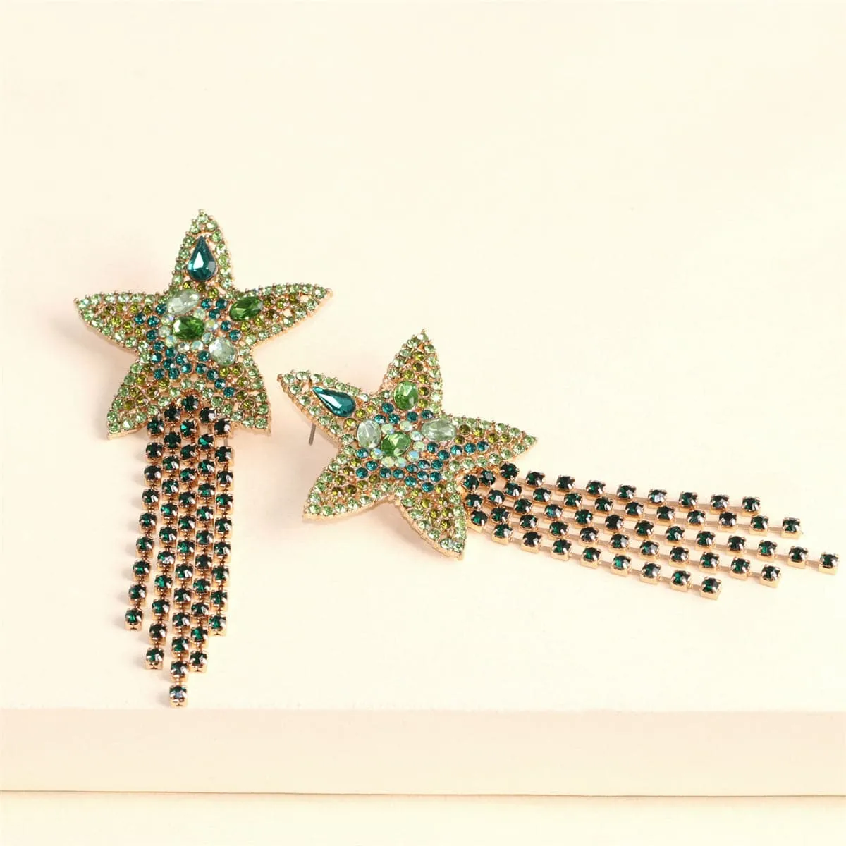 Green Crystal & Cubic Zirconia Star Fringe Drop Earrings