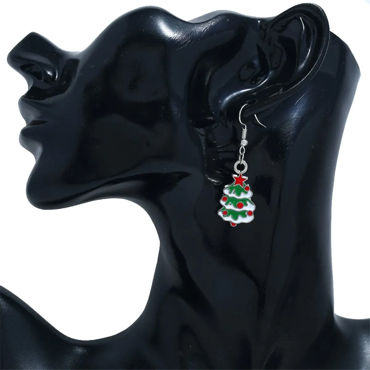 Green Enamel & Silver-Plated Christmas Tree Drop Earrings