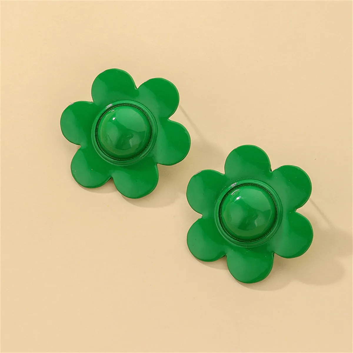 Green Enamel & Silver-Plated Flower Stud Earrings