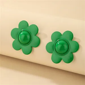 Green Enamel & Silver-Plated Flower Stud Earrings