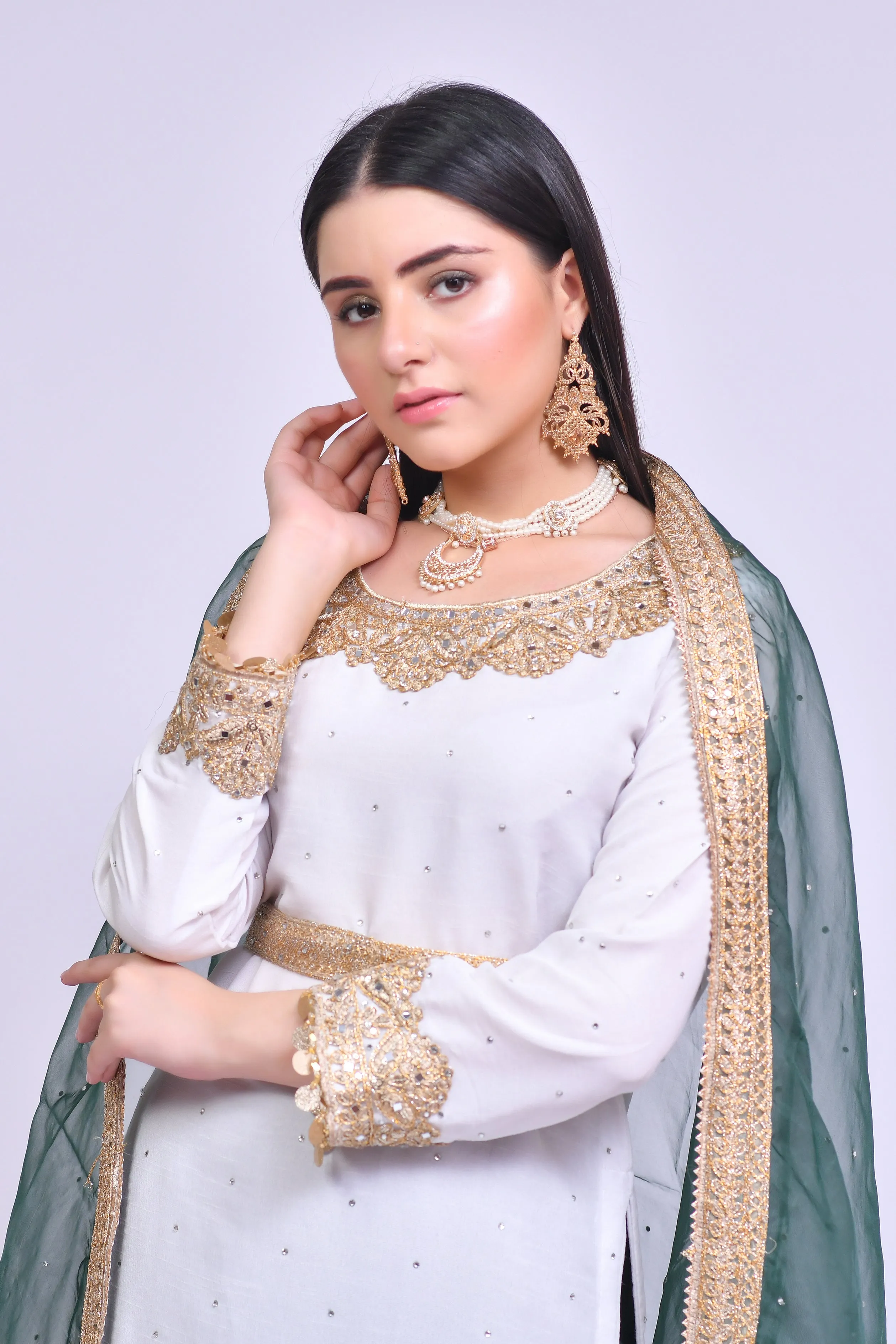 Green Gharara and White Kameez Pakistani Eid Dress