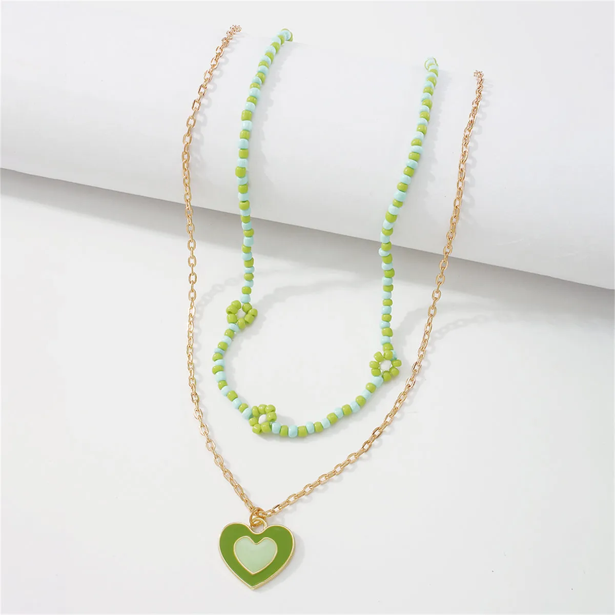 Green Howlite & Enamel 18K Gold-Plated Mum Chain Heart Pendant Necklace Set