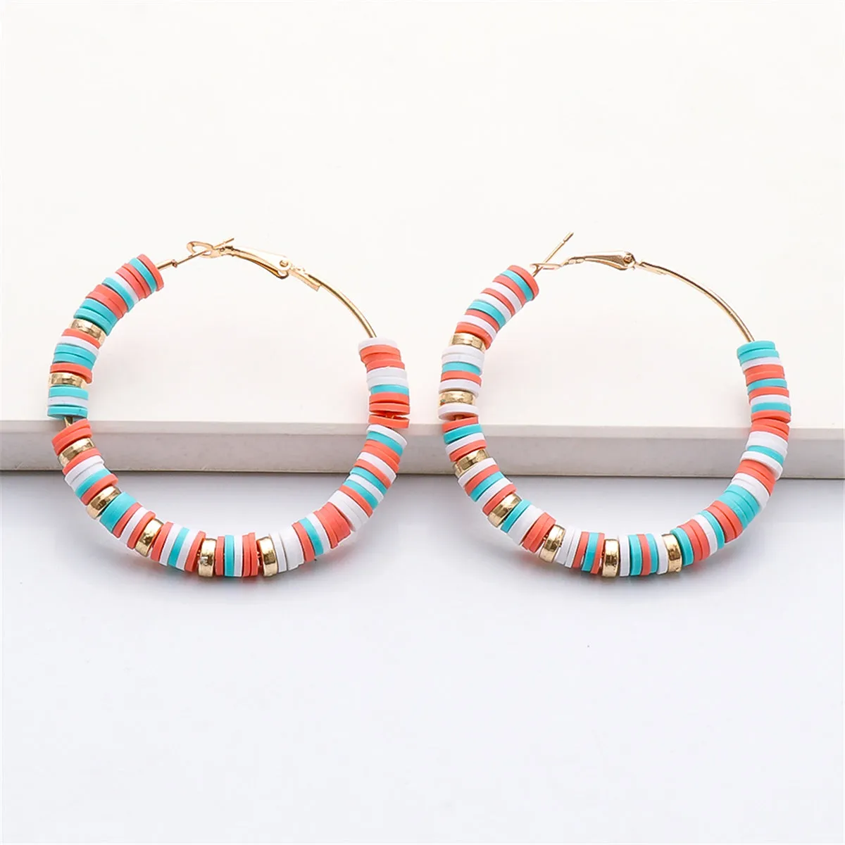 Green Polymer Clay & 18K Gold-Plated Beads Hoop Earrings