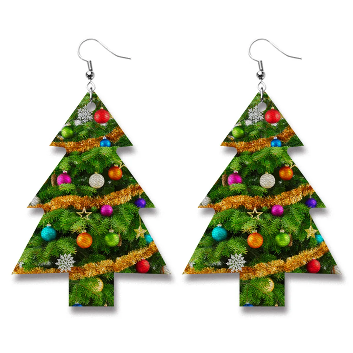 Green Polystyrene & Silver-Plated Decorated Tree Drop Earrings