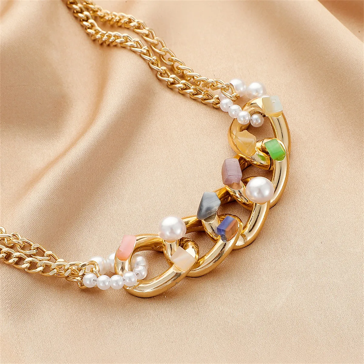Green Resin & Pearl 18K Gold-Plated Curb Chain Choker Necklace