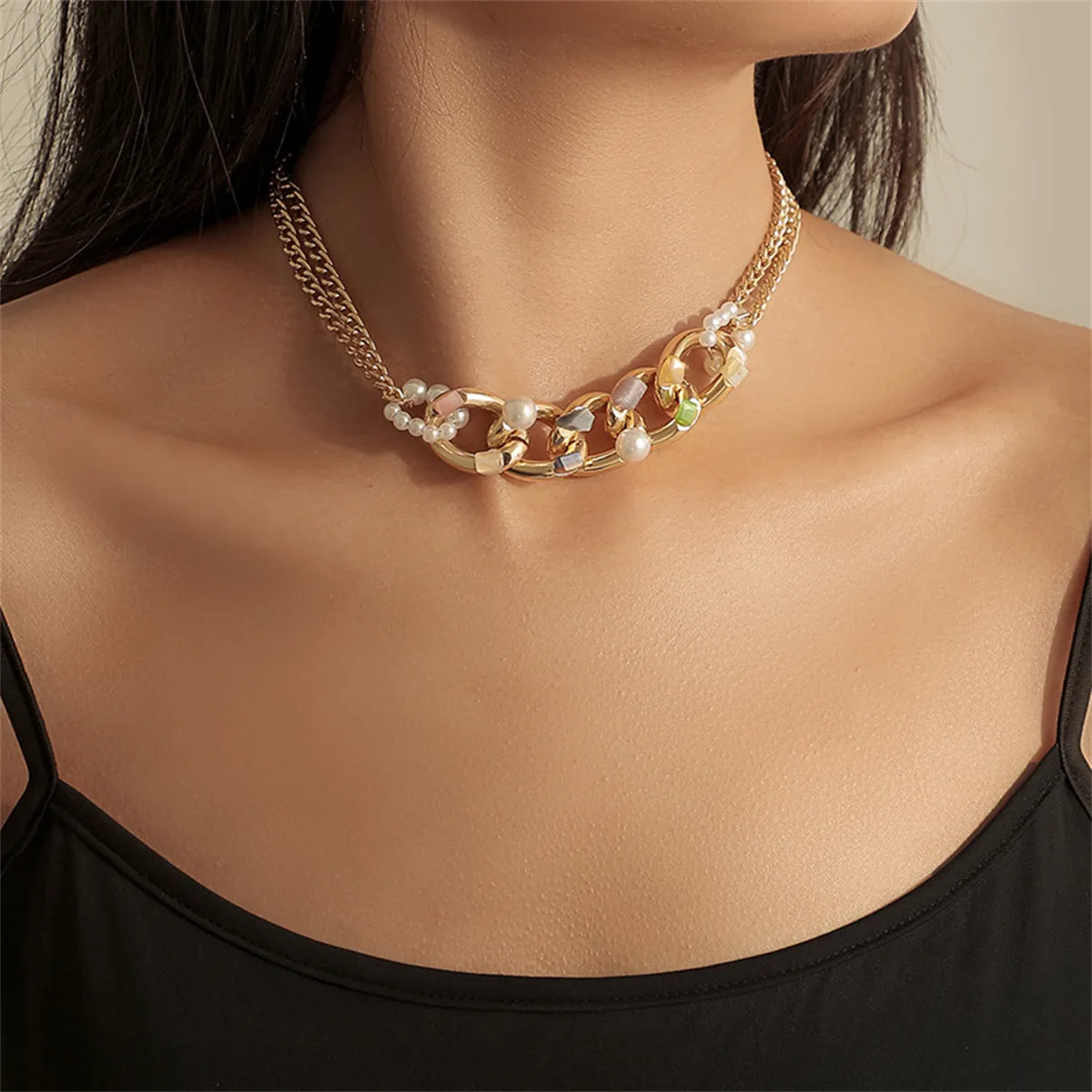 Green Resin & Pearl 18K Gold-Plated Curb Chain Choker Necklace