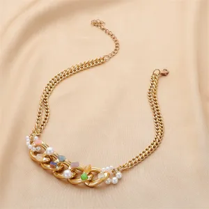 Green Resin & Pearl 18K Gold-Plated Curb Chain Choker Necklace