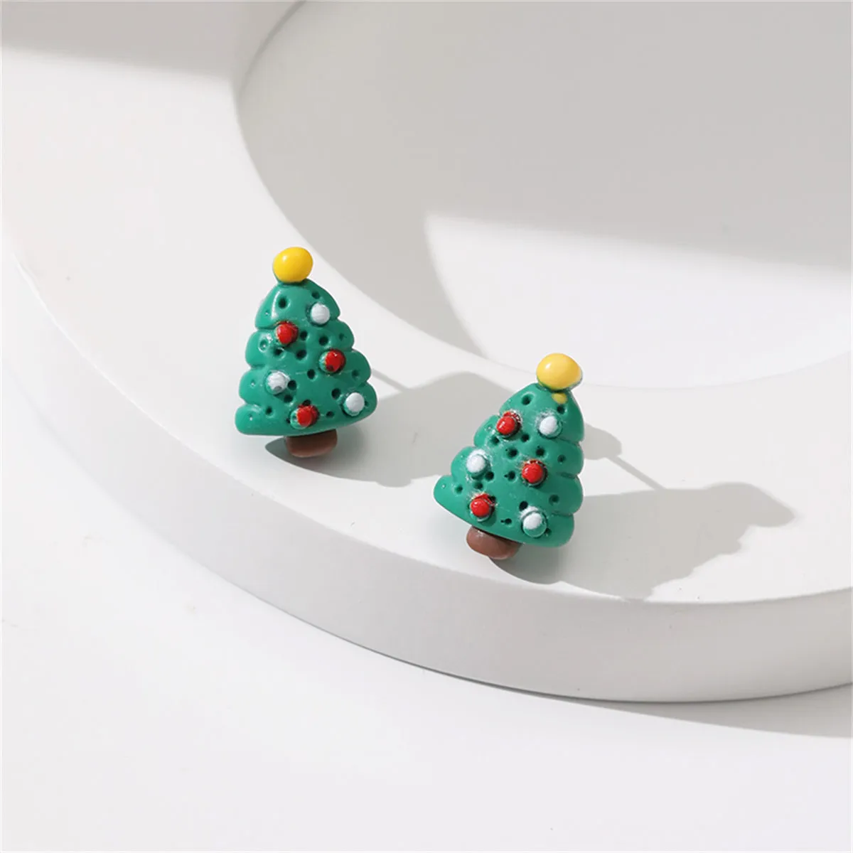 Green Resin & Silver-Plated Christmas Tree Stud Earrings