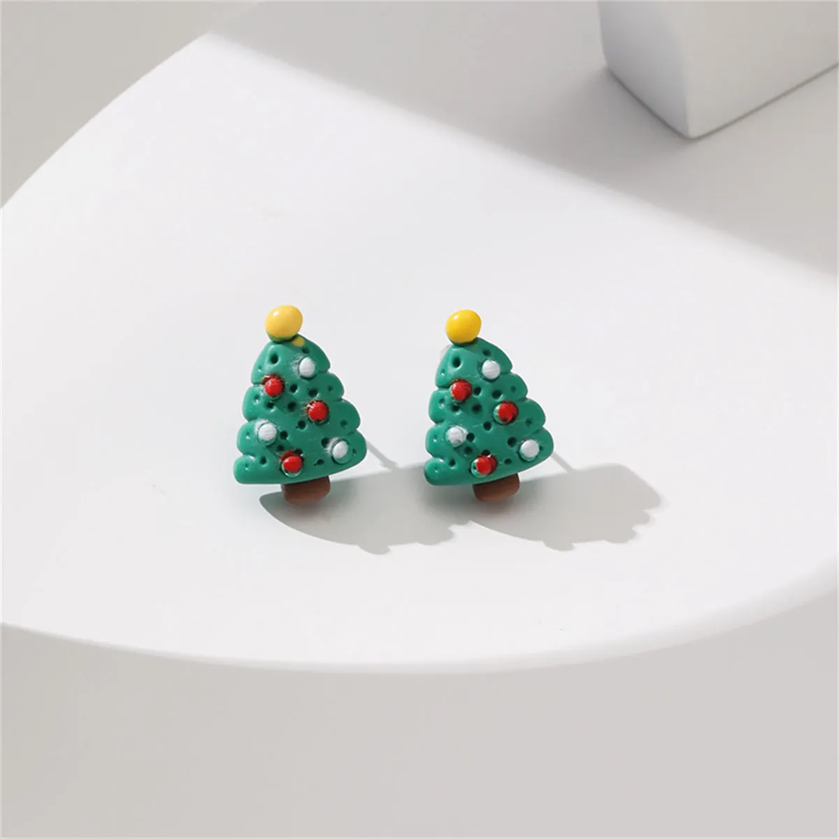 Green Resin & Silver-Plated Christmas Tree Stud Earrings