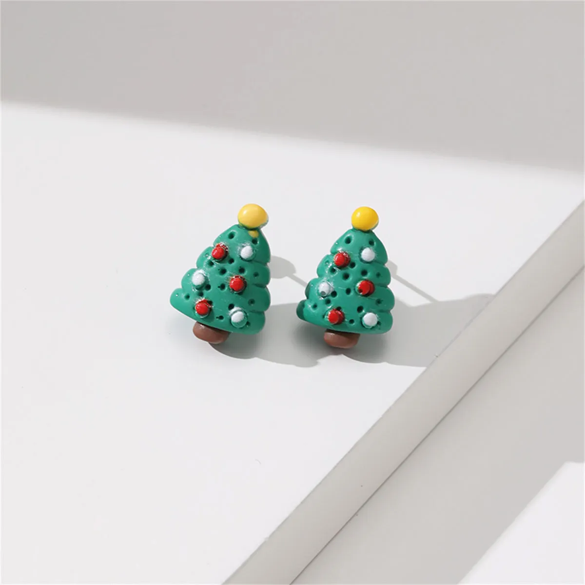 Green Resin & Silver-Plated Christmas Tree Stud Earrings