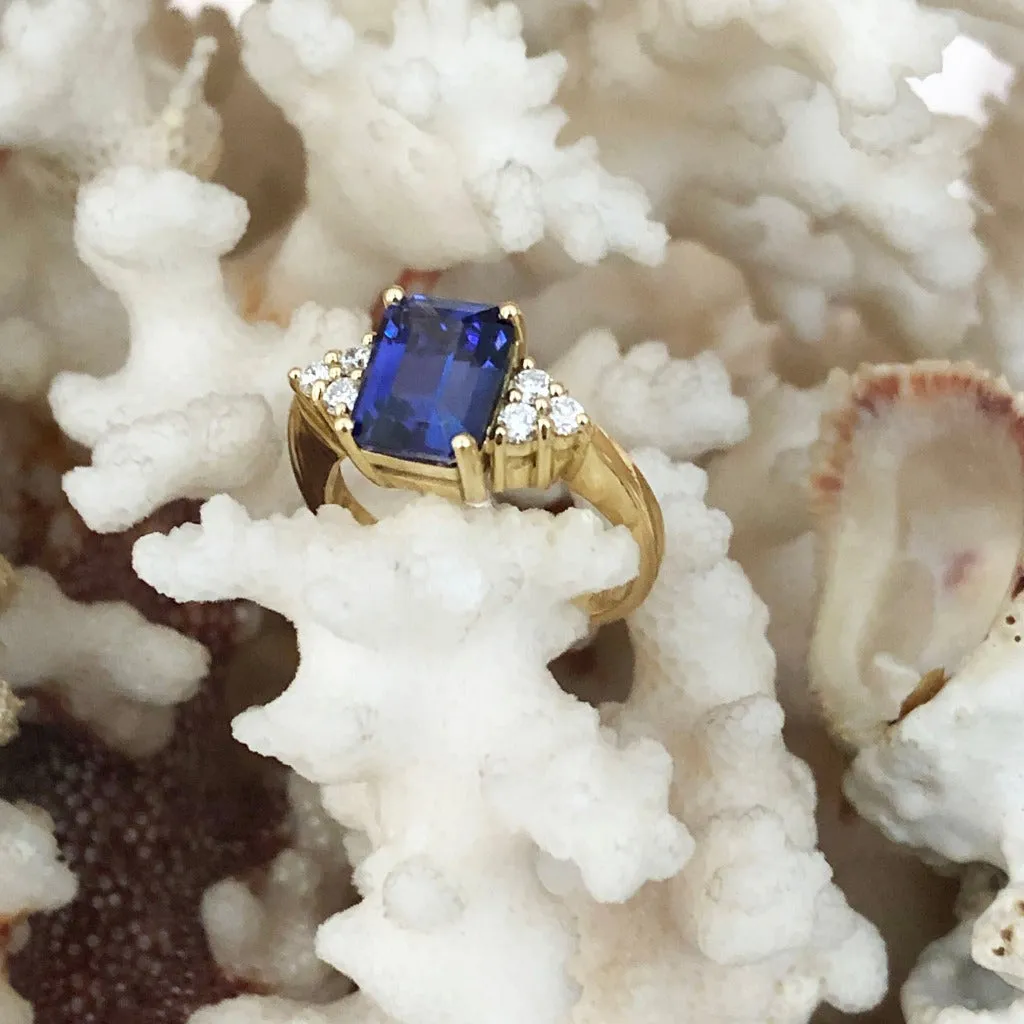 Handcrafted Emerald Cut Tanzanite Ring with Trilogy Diamond Accent