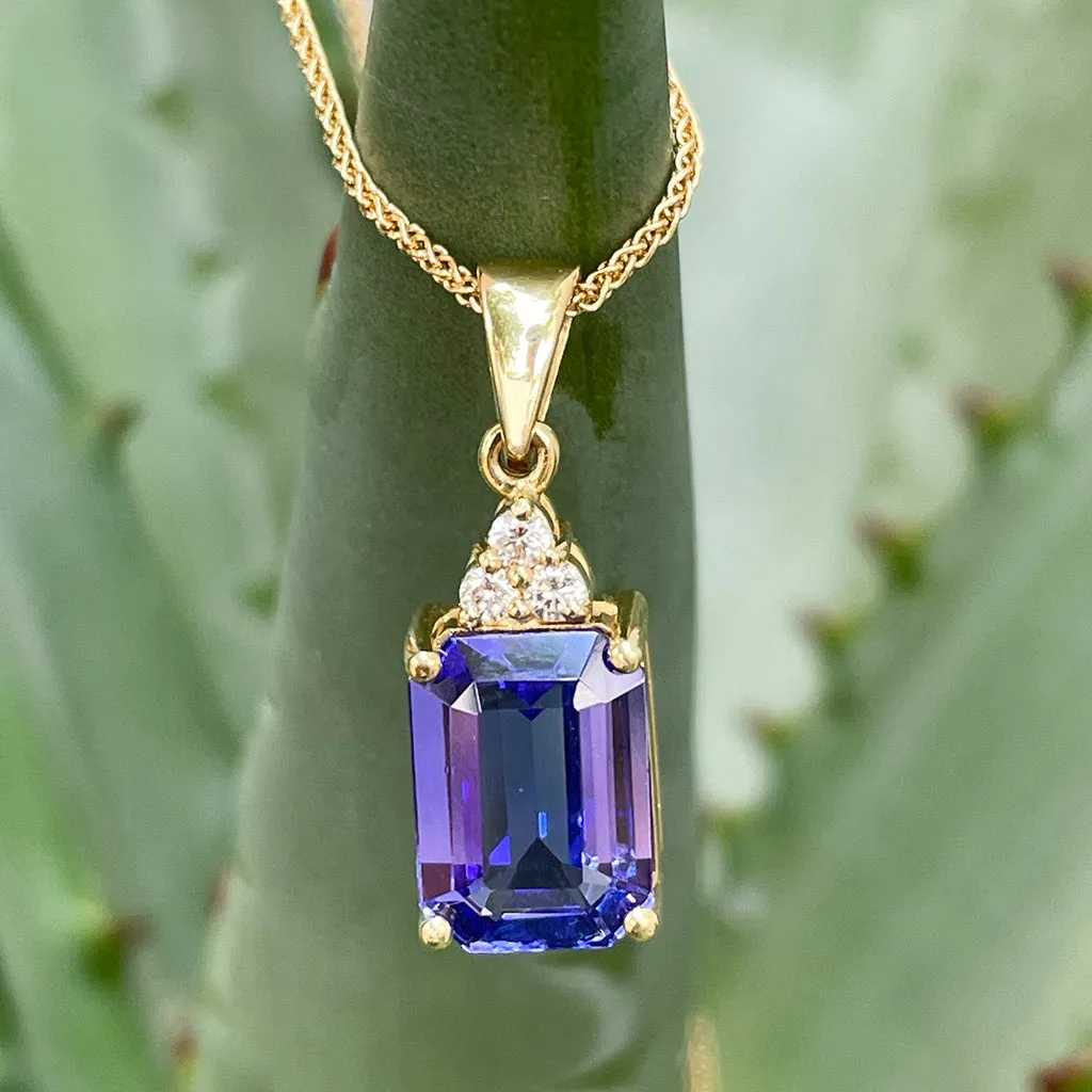 Handcrafted Emerald Cut Tanzanite Yellow Gold Pendant with Diamond Trilogy Detail