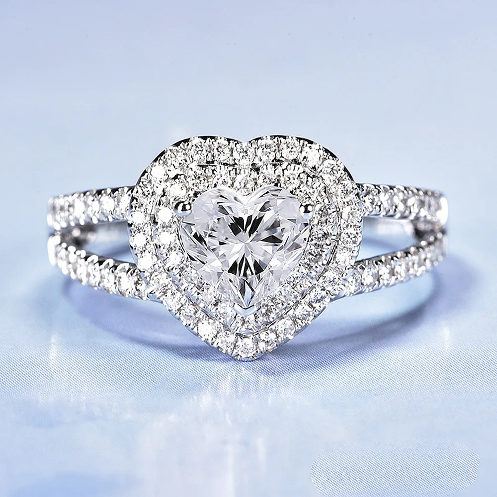 Heart Cut GIA Diamond Double Halo Split Shank Ring