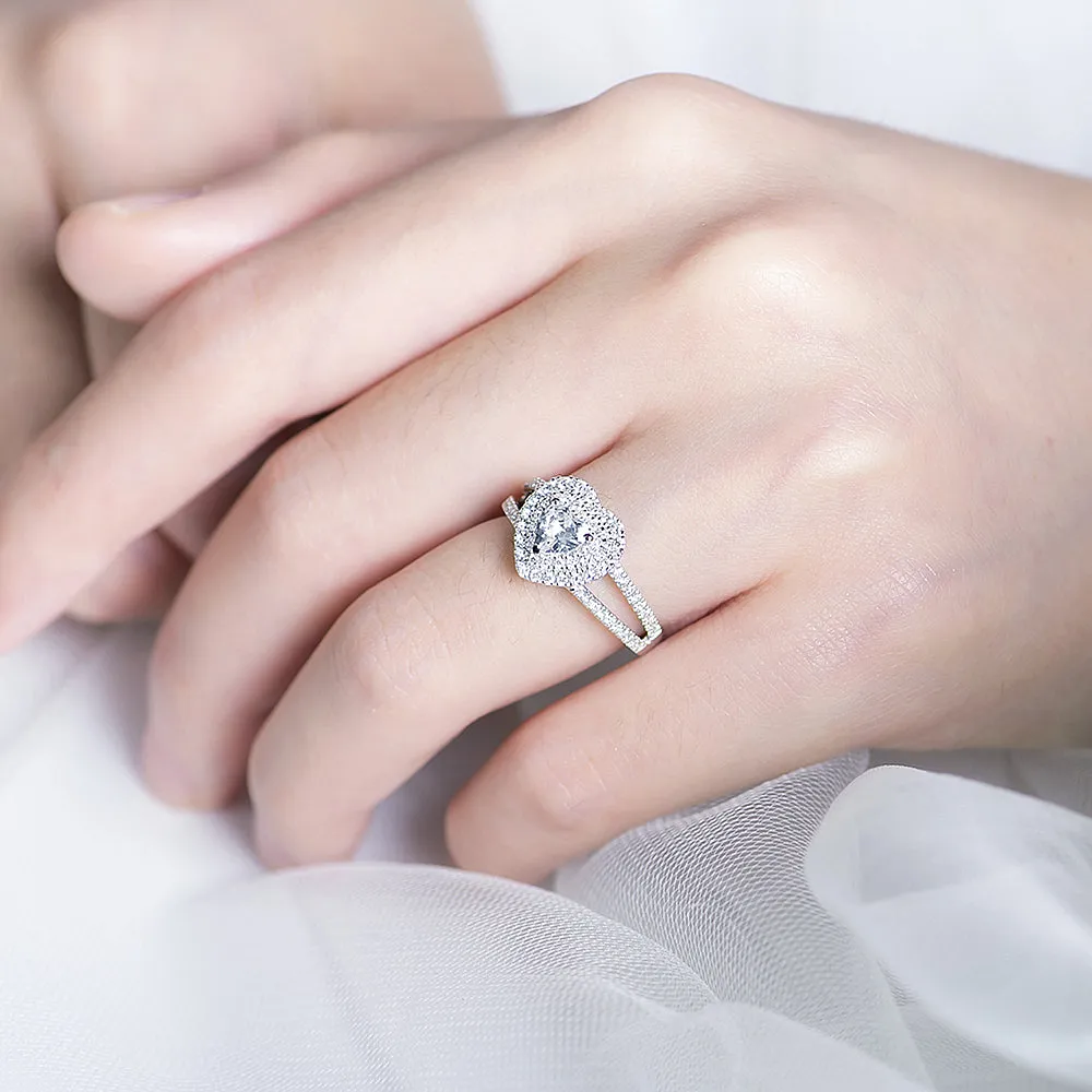 Heart Cut GIA Diamond Double Halo Split Shank Ring