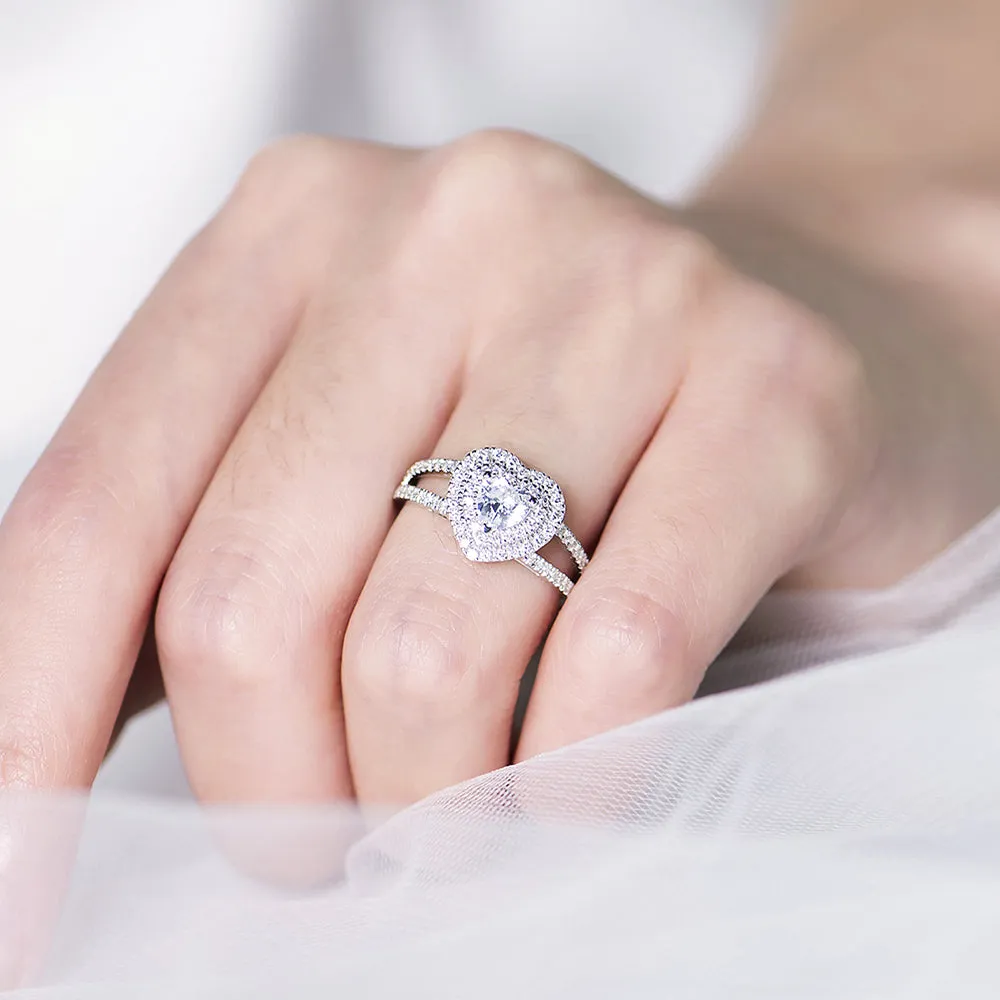 Heart Cut GIA Diamond Double Halo Split Shank Ring