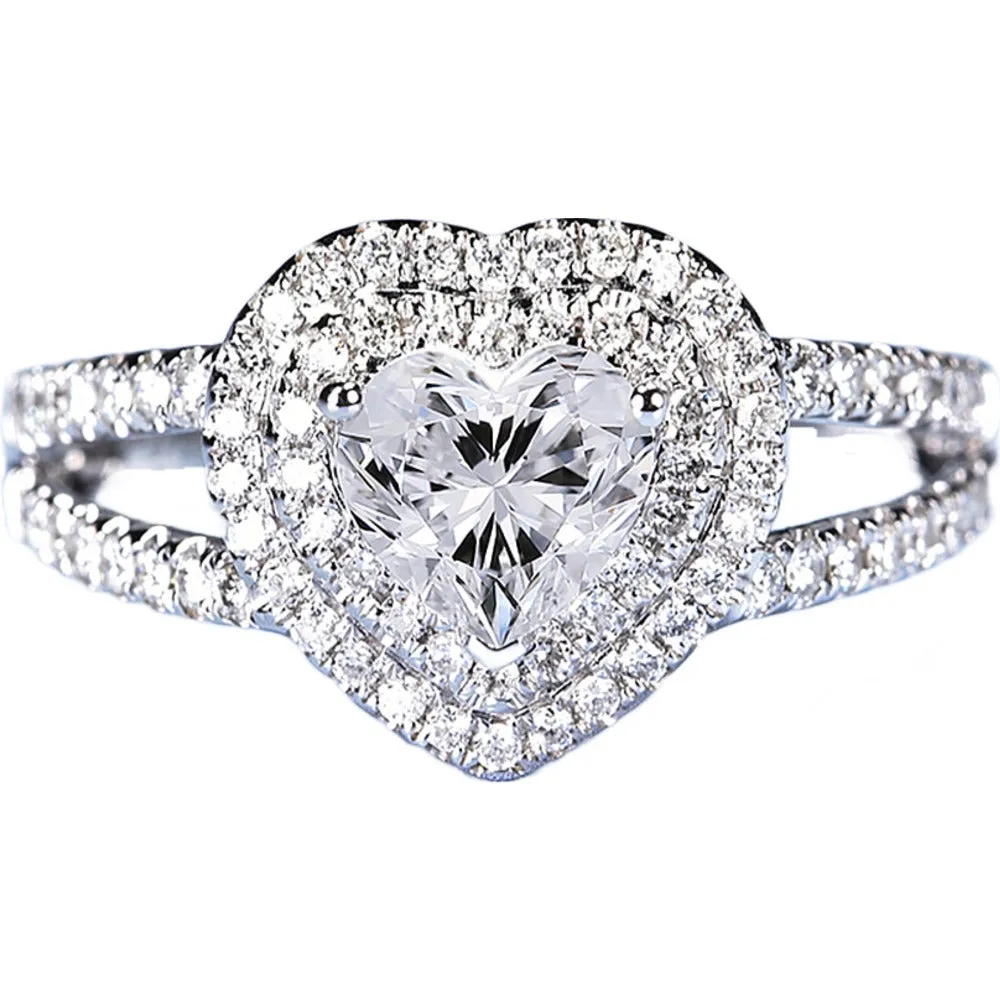Heart Cut GIA Diamond Double Halo Split Shank Ring