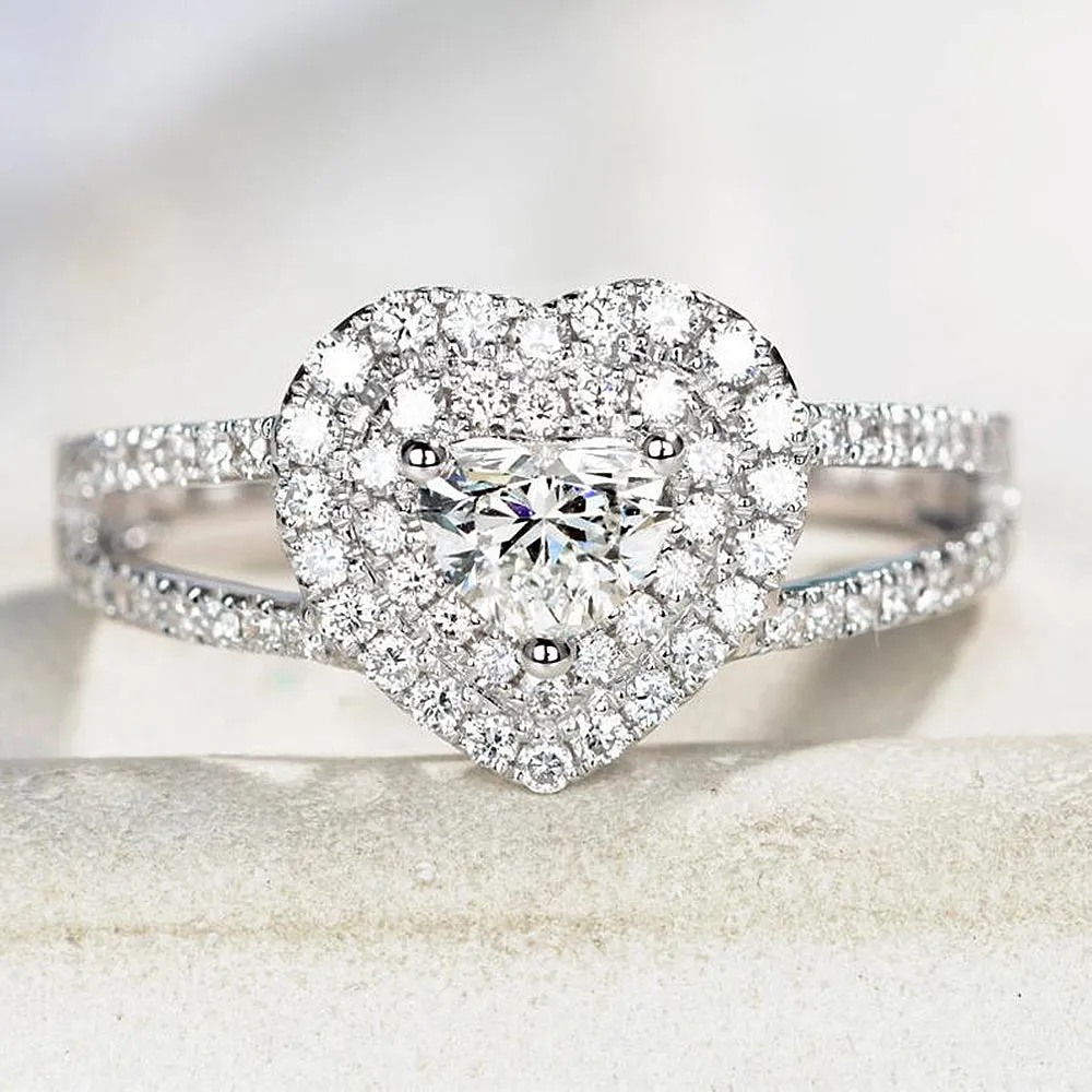 Heart Cut GIA Diamond Double Halo Split Shank Ring