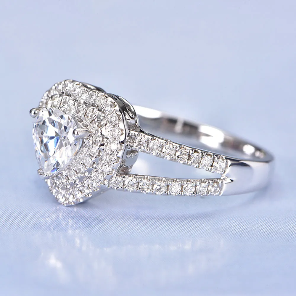Heart Cut GIA Diamond Double Halo Split Shank Ring