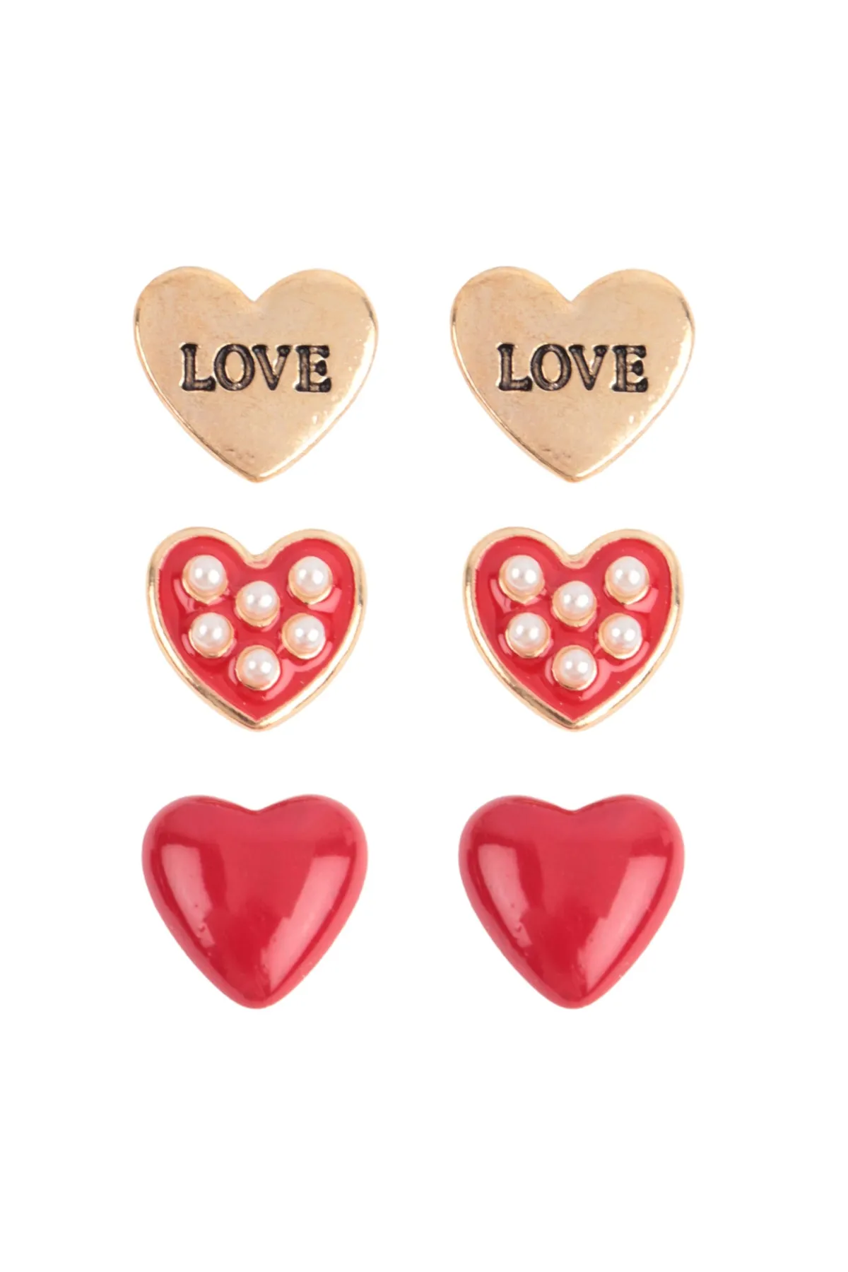 HEART EPOXY PEARL LOVE 3 PAIR VALENTINE EARRINGS