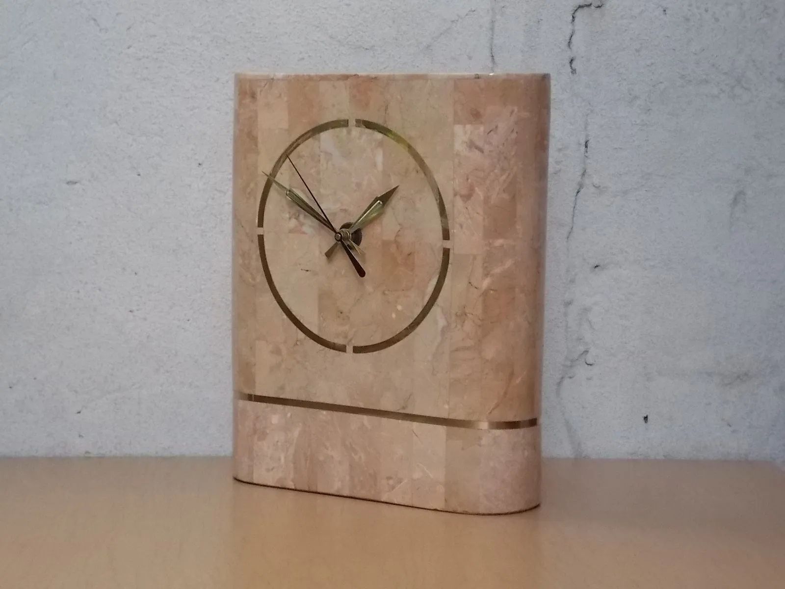 Heavy Pink 1980s Faux Marble Mantle Clock with Deco Details