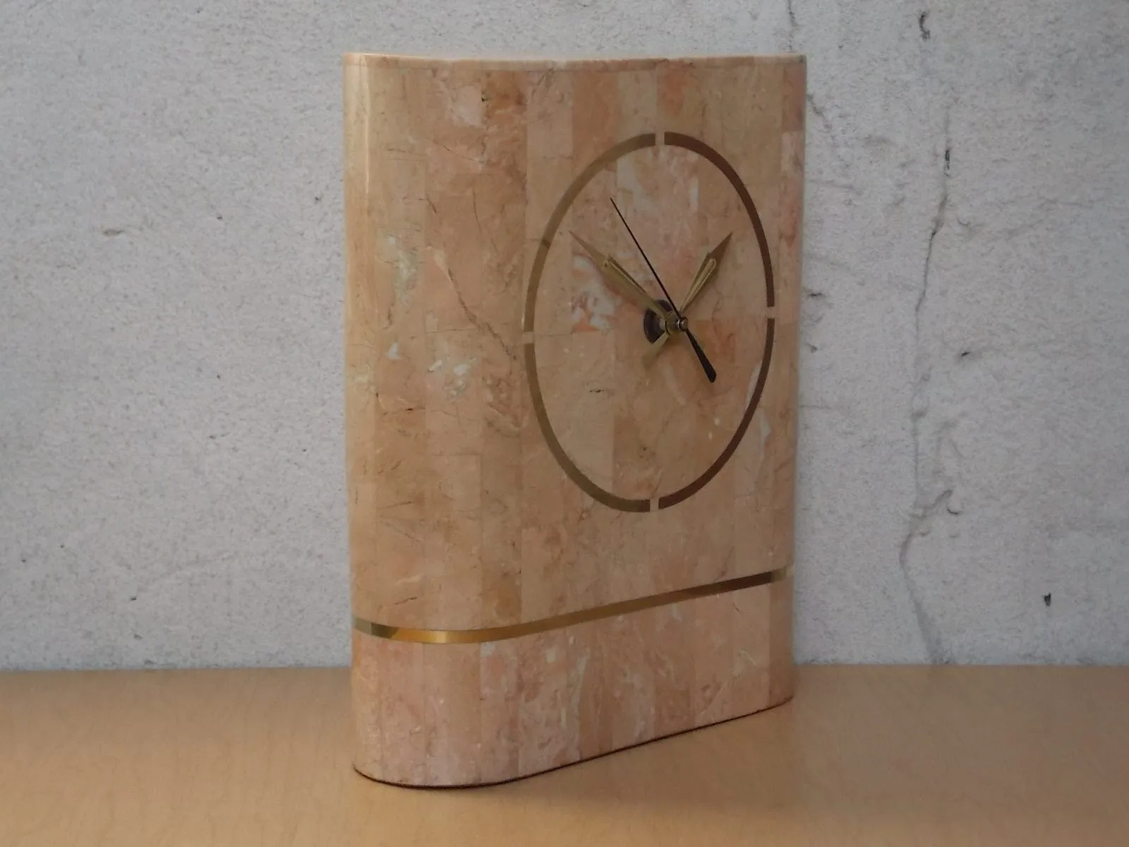 Heavy Pink 1980s Faux Marble Mantle Clock with Deco Details